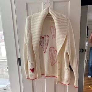 Anthropologie Cream Cardigan with Red Heart Accents